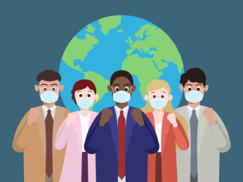 地球背景多种族商务人物戴口罩加油打气