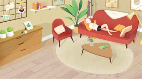 一位敷面膜女孩在客厅沙发上玩手机图