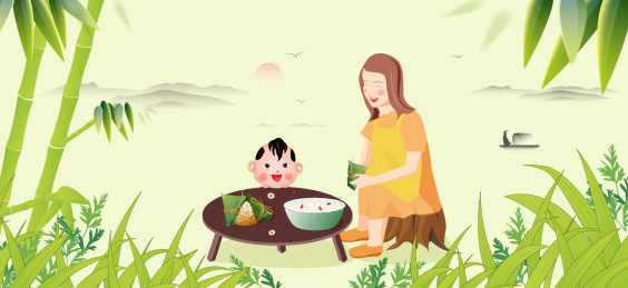 母子包粽子的插画
