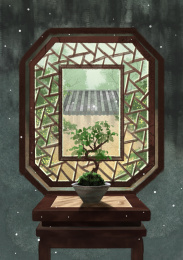 中式古风国潮窗前小场景盆景插画