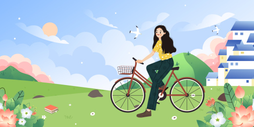 在美丽的户外风景骑自行车出行的女孩