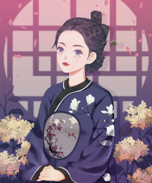 古代美女拿着扇子坐在窗前