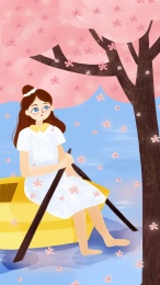 春天划船赏樱女孩