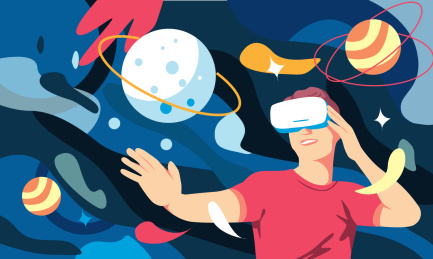 男生头戴VR眼镜矢量插画