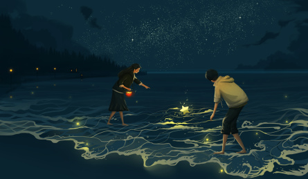 在夜晚的海边游玩的情侣情感插画横版