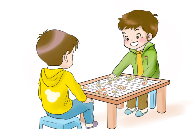 两个小男孩一起下象棋