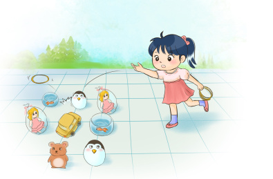 一个小女孩在广场玩套圈游戏