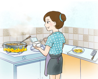 一个主妇在家里做饭