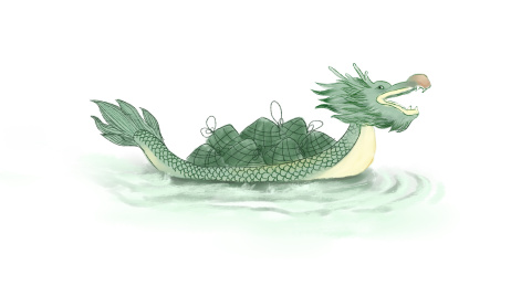 水墨绿龙舟背着粽子