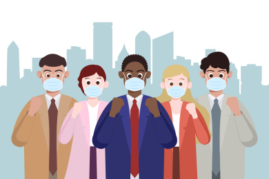 多种族商务人员戴口罩加油打气