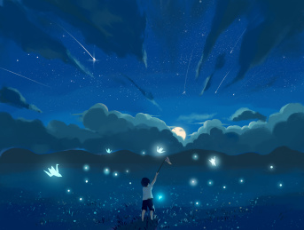 夜晚捉千纸鹤的男孩