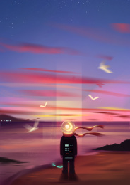 大海边上看太阳落下紫霞与海鸥