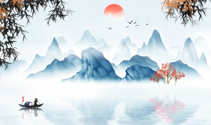 蓝色淡雅意境山水画