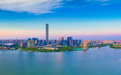 中国江苏省苏州市金鸡湖湖东CBD航拍风光