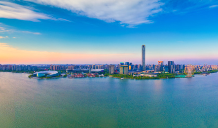 中国江苏省苏州市金鸡湖湖东CBD航拍风光
