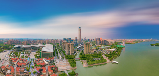 中国江苏省苏州市金鸡湖湖东CBD航拍风光