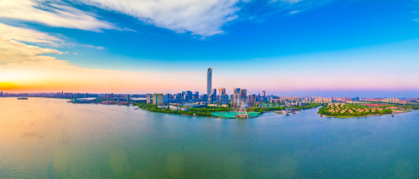中国江苏省苏州市金鸡湖湖东CBD航拍风光