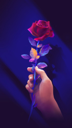  手握一支红色玫瑰花的插画