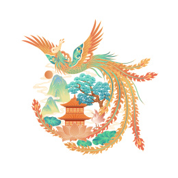 飞舞的凤凰山水插画在白色背景中间