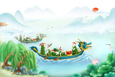 粽子赛龙舟场景插画