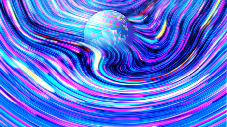 奇幻星球与与全息金属箔赛博朋克流体纹理.