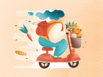 扁平风插画女孩骑着电动车载着小狗飞驰