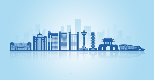 中国黑龙江省伊春市地标建筑天际线剪影背景素材
