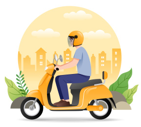 一个男生在城市和叶子背景前骑摩托车