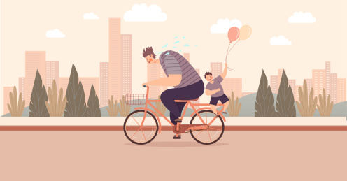 爸爸满头大汗骑着自行车载着儿子去上学