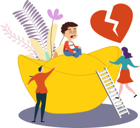 夫妻离婚争夺家产和孩子概念插画