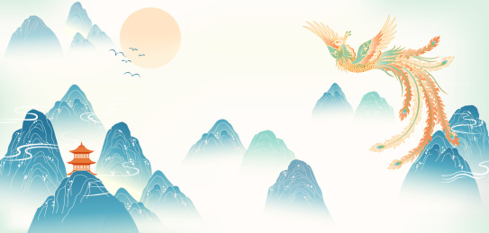 山水凤凰插画图案
