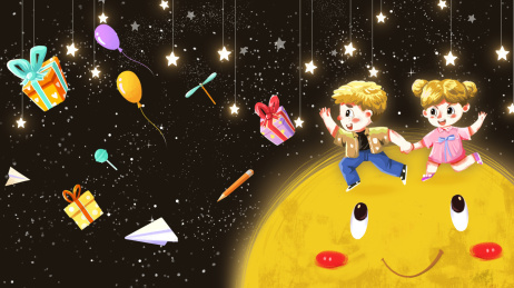 在月亮上追逐着礼物的儿童横版插画