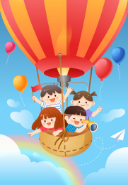 天空中一群儿童乘坐热气球