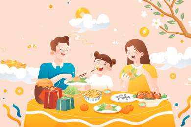 家人端午节吃饭矢量插画