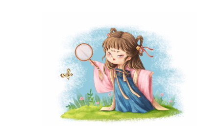 扑蝶的小女孩白底横图