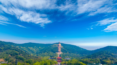 中国浙江绍兴大禹陵景区大禹铜像航拍