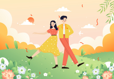 在情人节跳探戈舞的一对幸福情侣矢量插画