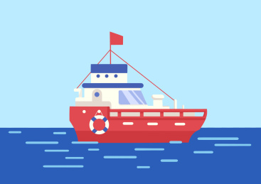 卡通漂浮在大海的红色轮船
