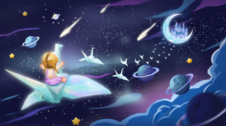 小女孩骑着千纸鹤飞向月亮上的城堡横版