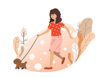 女人牵绳遛狗插画