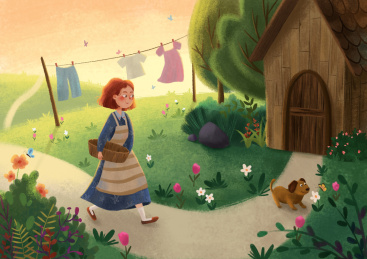 晾衣服的小女孩