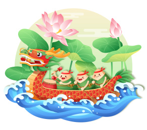粽子划龙舟和荷花水浪背景