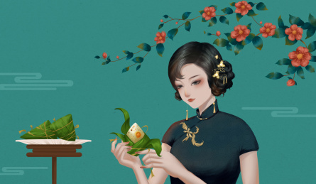 正在剥粽子的民国女人中国风端午节插画横图