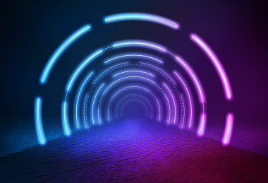 湖面上，发光霓虹灯光线条构造的通道空间。