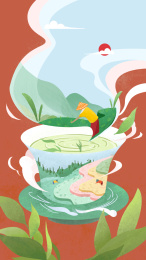 盖碗茶杯中装饰梯田茶叶农忙主题插画