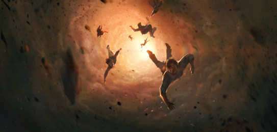 被龙卷风吞噬的人们，数码绘画。