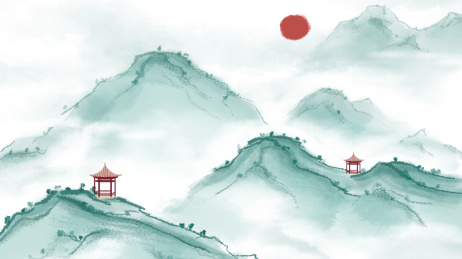 墨绿色的中国风群山水墨插画