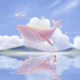 明亮背景下粉红色的鲸游在湖面上