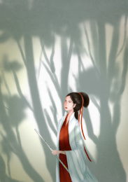 树影前拿笛子的古代女子