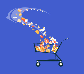 从购物车里飘出各式各样的商品-矢量插画
